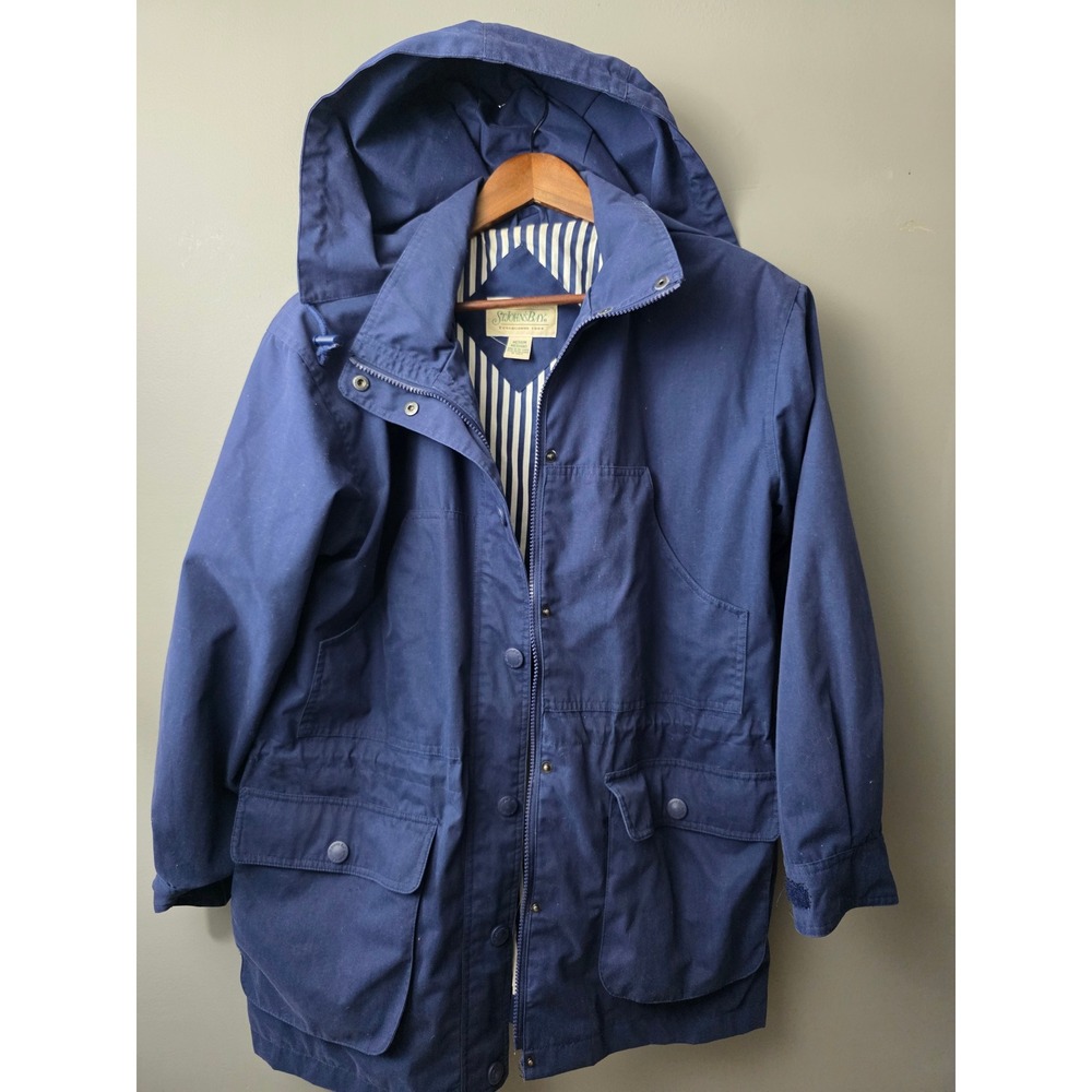St. Johns Bay Mens Medium Navy Blue Hooded Utility Jacket Striped Lining RN93677
